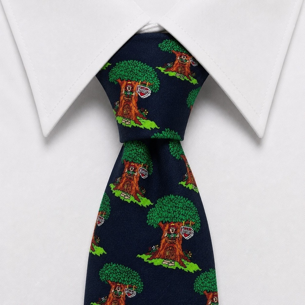 Keebler Necktie Mens OS Navy Blue Silk Ernie Elf Hollow Tree Advertising Tie